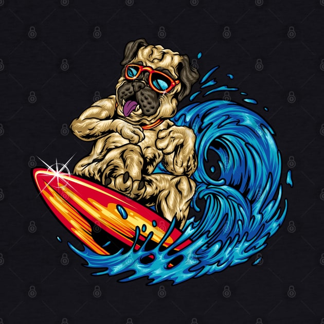 Funny Surfing Pug Riding an Ocean Wave Dog Surfboard by Proficient Tees